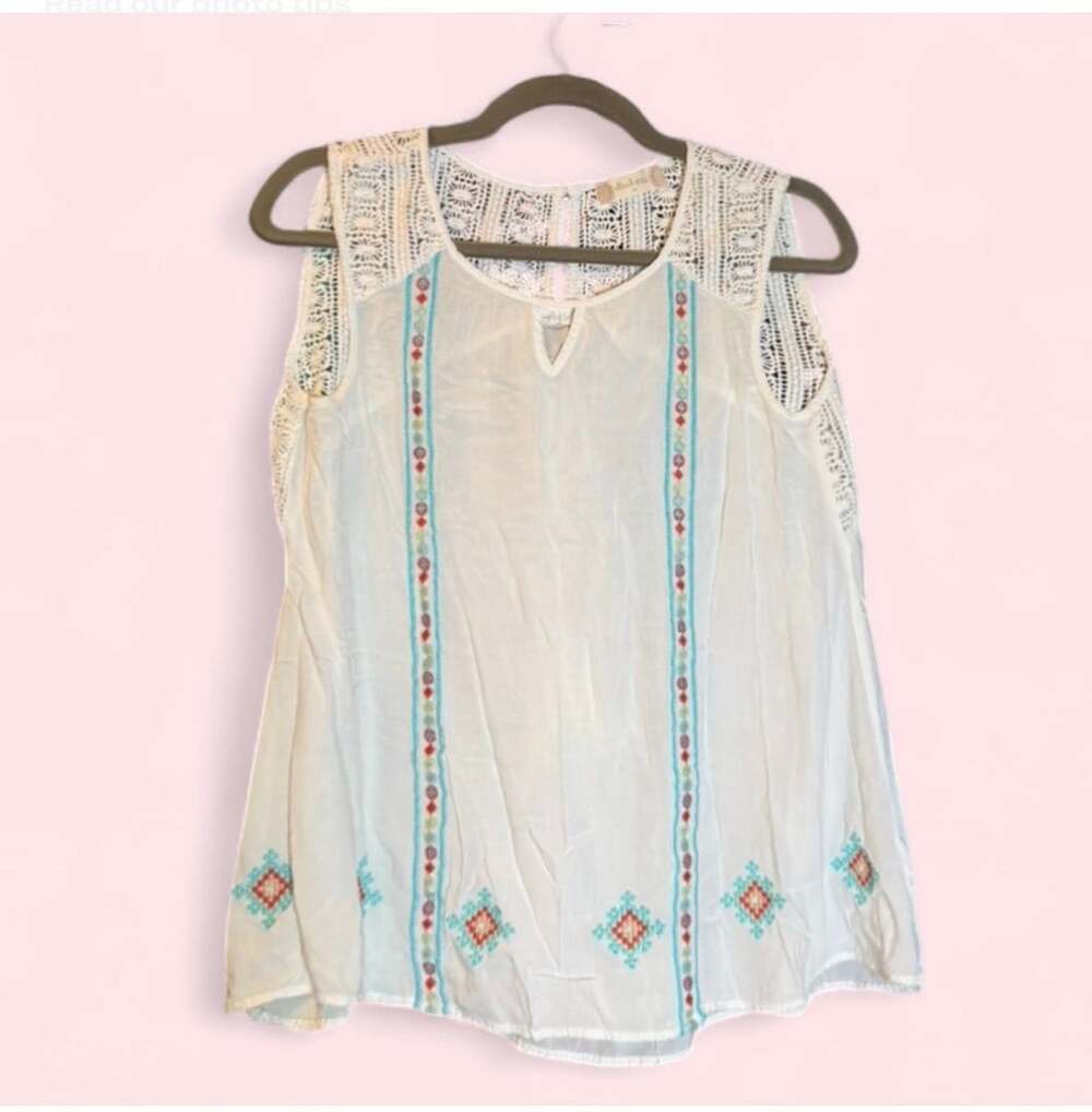 Altar'd State Boho Embroidered Sleeveless Top with Crochet Lace Trim